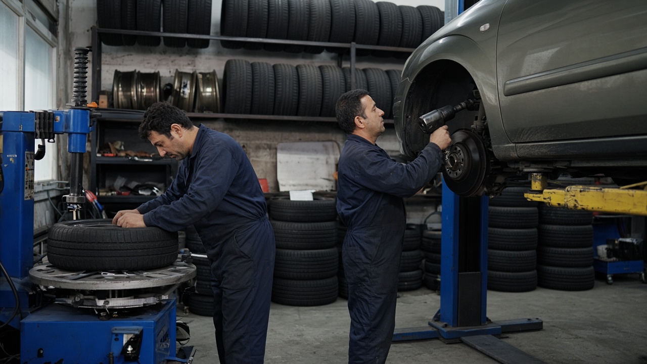 Tırtıl Oto Lastik ustaları bir otomobilin lastiğini makinede sökerken